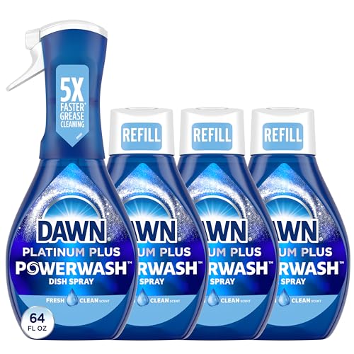 Four bottles of Dawn Powerwash dish soap with one spray lid attachment.