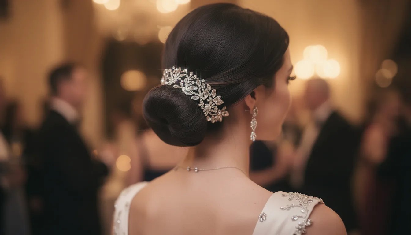 A woman at a formal event elegantly showcases a low chignon secured with a crystal-embellished barrette clip, adding a chic touch to her hairstyle. The barrette serves as a stylish hair accessory, effectively holding her long, straight hair in place.