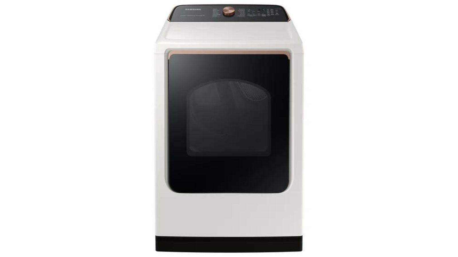 A white, smart samsung dryer on a white background
