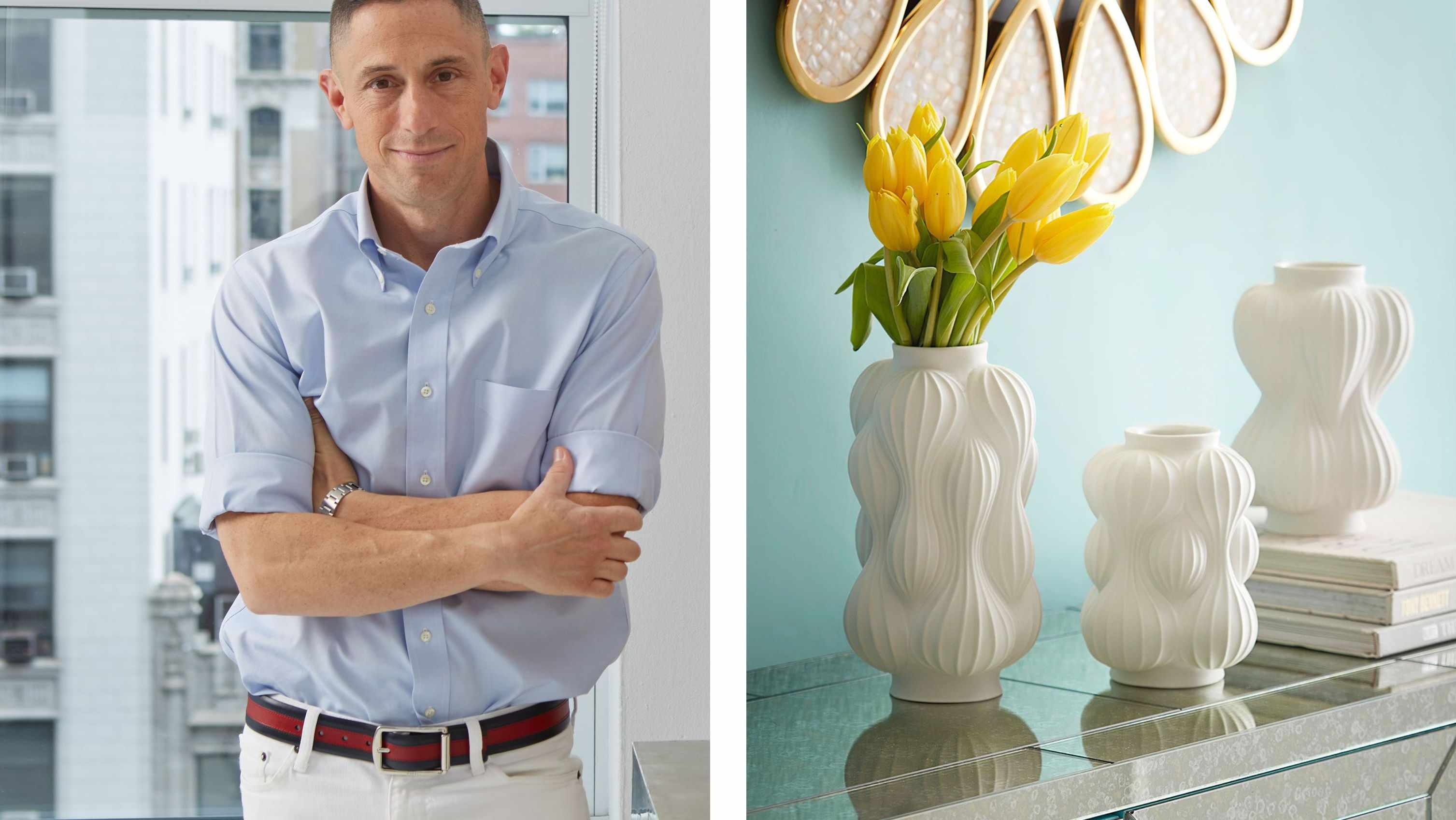 Two pictures next to each other, one of Jonathan Adler standing up and the other of three of his white vases
