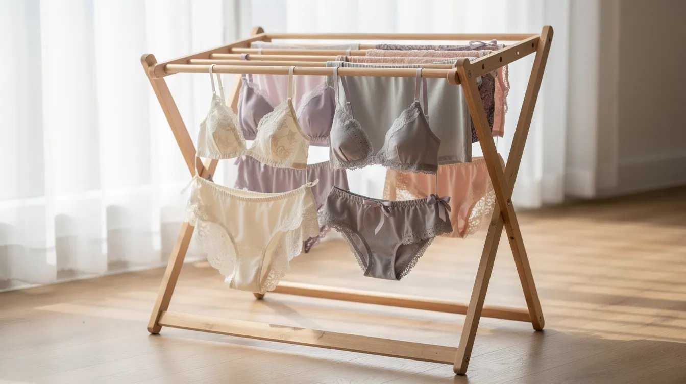The image features delicate intimate apparel items, including Wacoal bras and bralettes, air drying on a wooden rack, showcasing their quality fabrics and intricate lace details. This serene display highlights the importance of finding the perfect fit and comfort in women's lingerie.