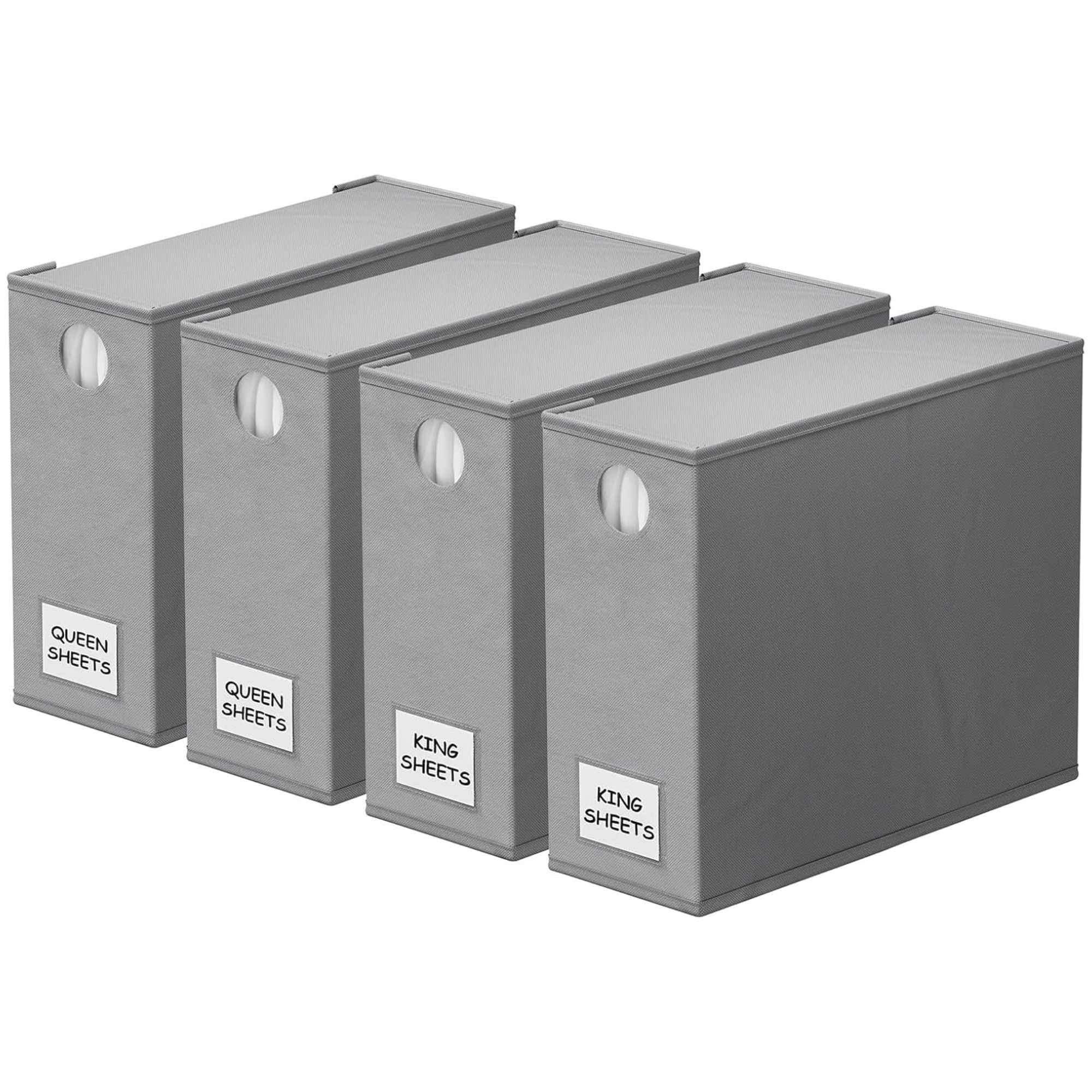 Four grey bed sheet organizers.