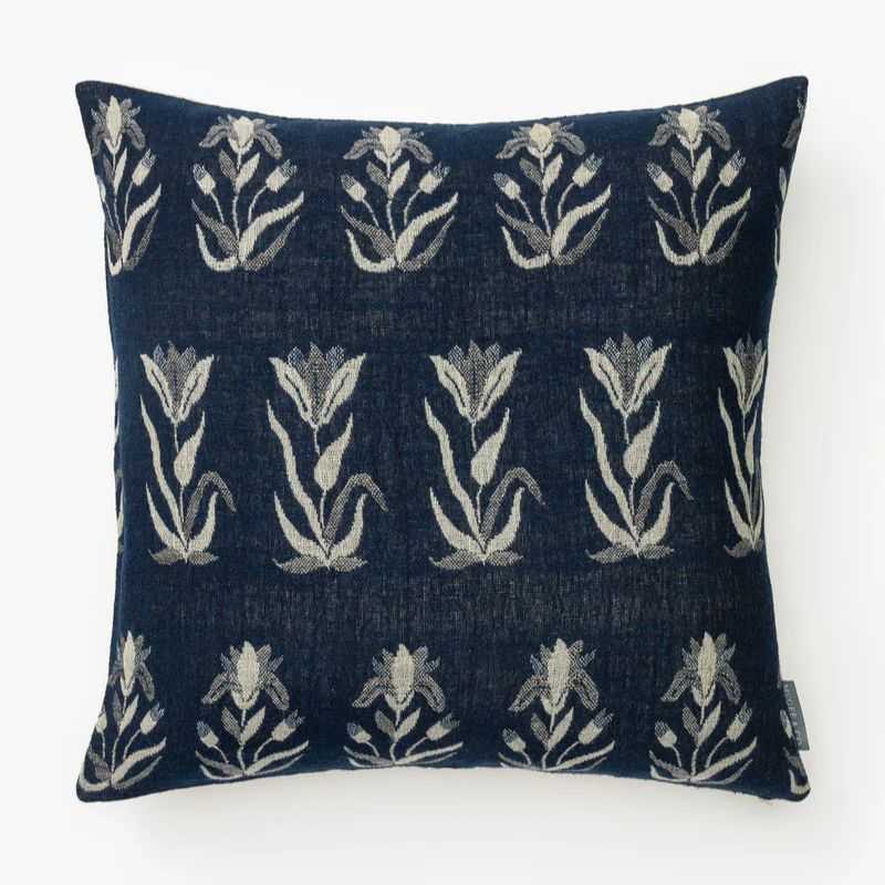 navy and white floral print cushion