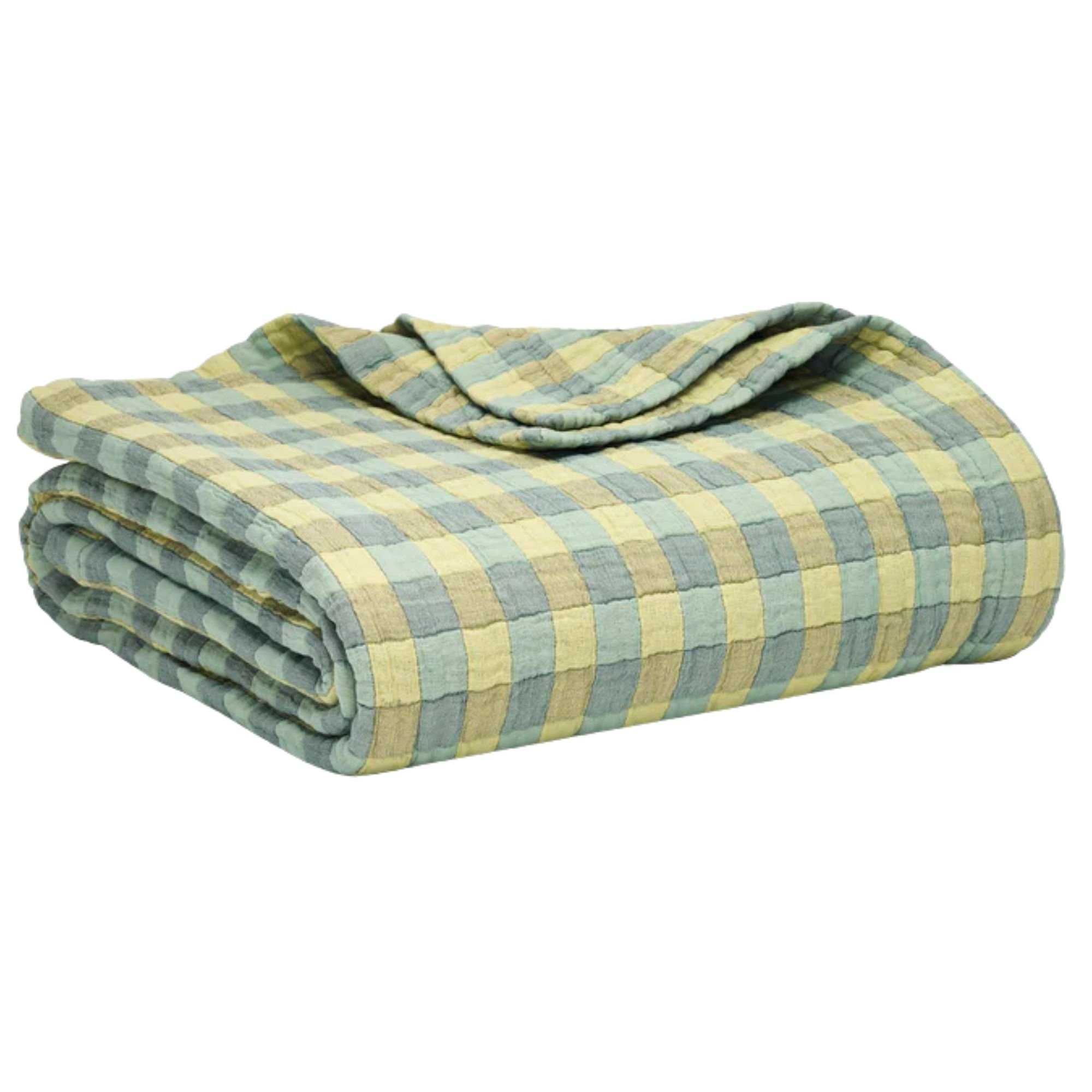 A folded Brooklinen BreezeWeave gingham comforter