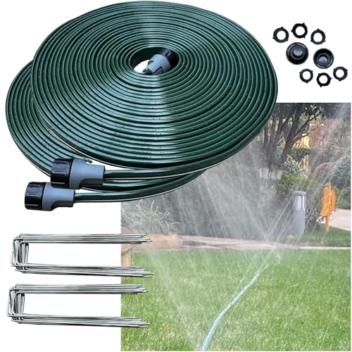 Watoo 2024 Flat Sprinkler Hose for Lawn Watering Garden Soaker Hose With Holes, 50ft 2packs Heavy Duty Lightweight No-Kink Water Hose With Stakes, Irrigation Hose, Great Fun for Kids and Dog