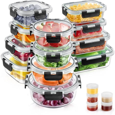 34pcs Glass Food Storage Containers With Lids Set, Airtight Meal Prep Containers (17 Containers &amp; 17 Lids), Black