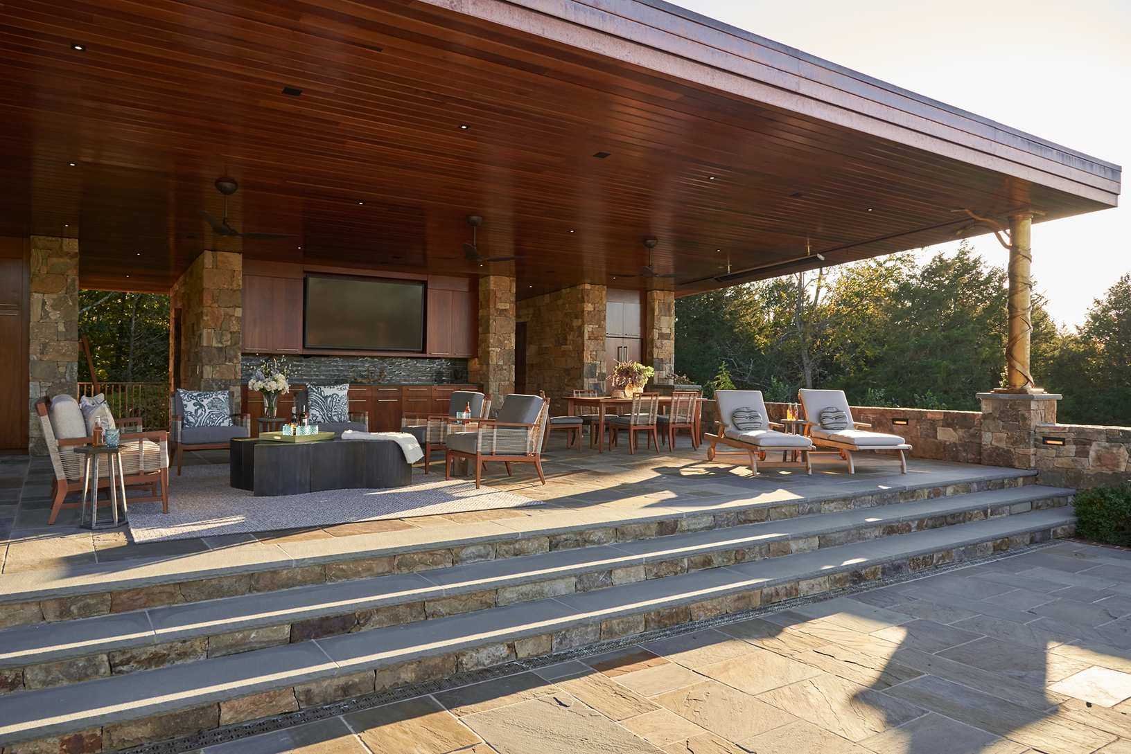 living room style patio ideas with sofas and armchairs