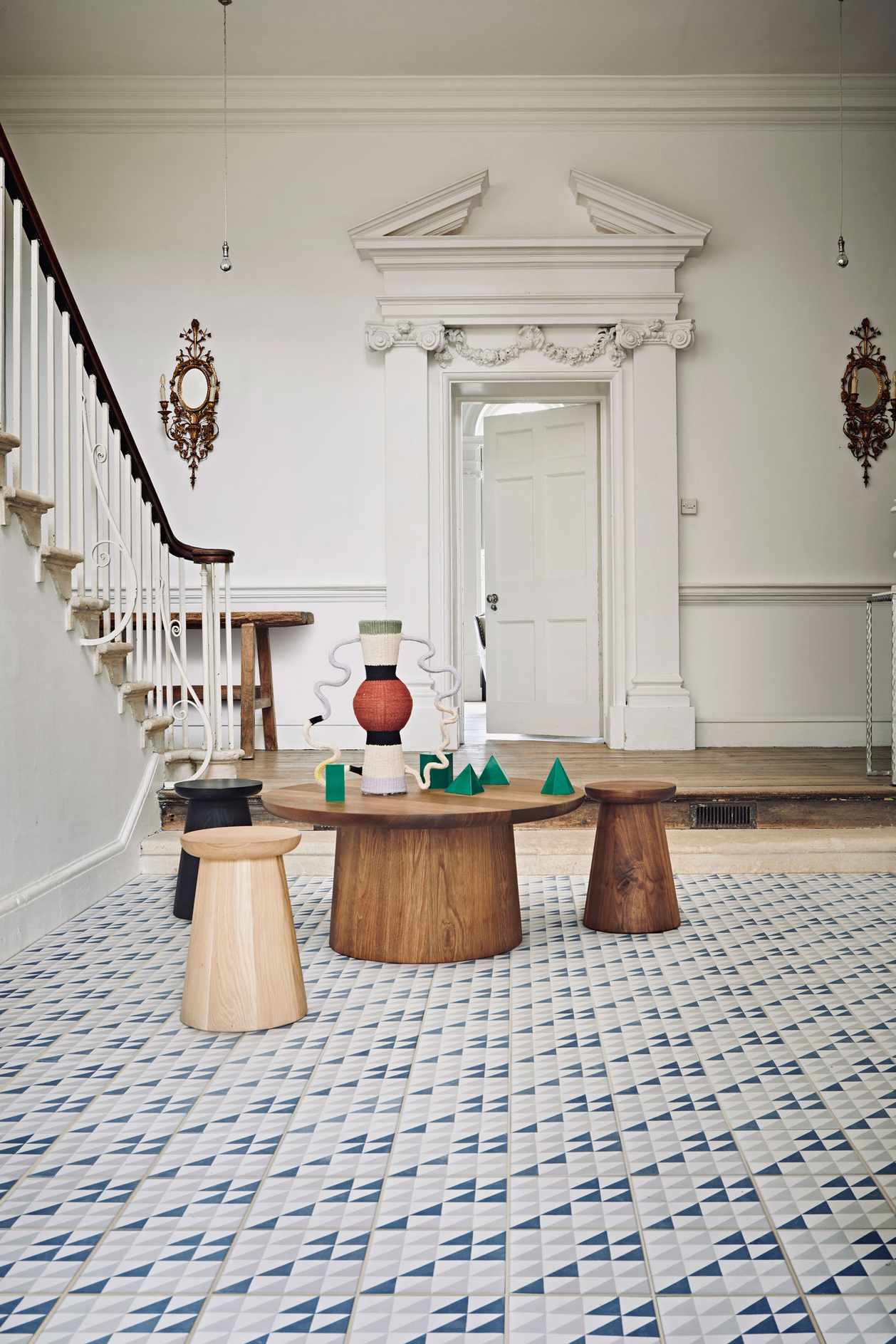 Tile floor in white hallway