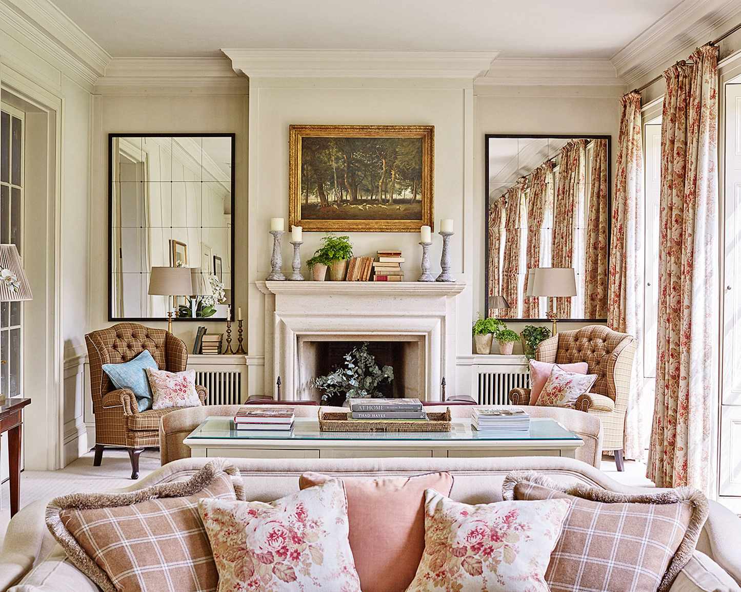 Luxury living room with fireplace and mirrors