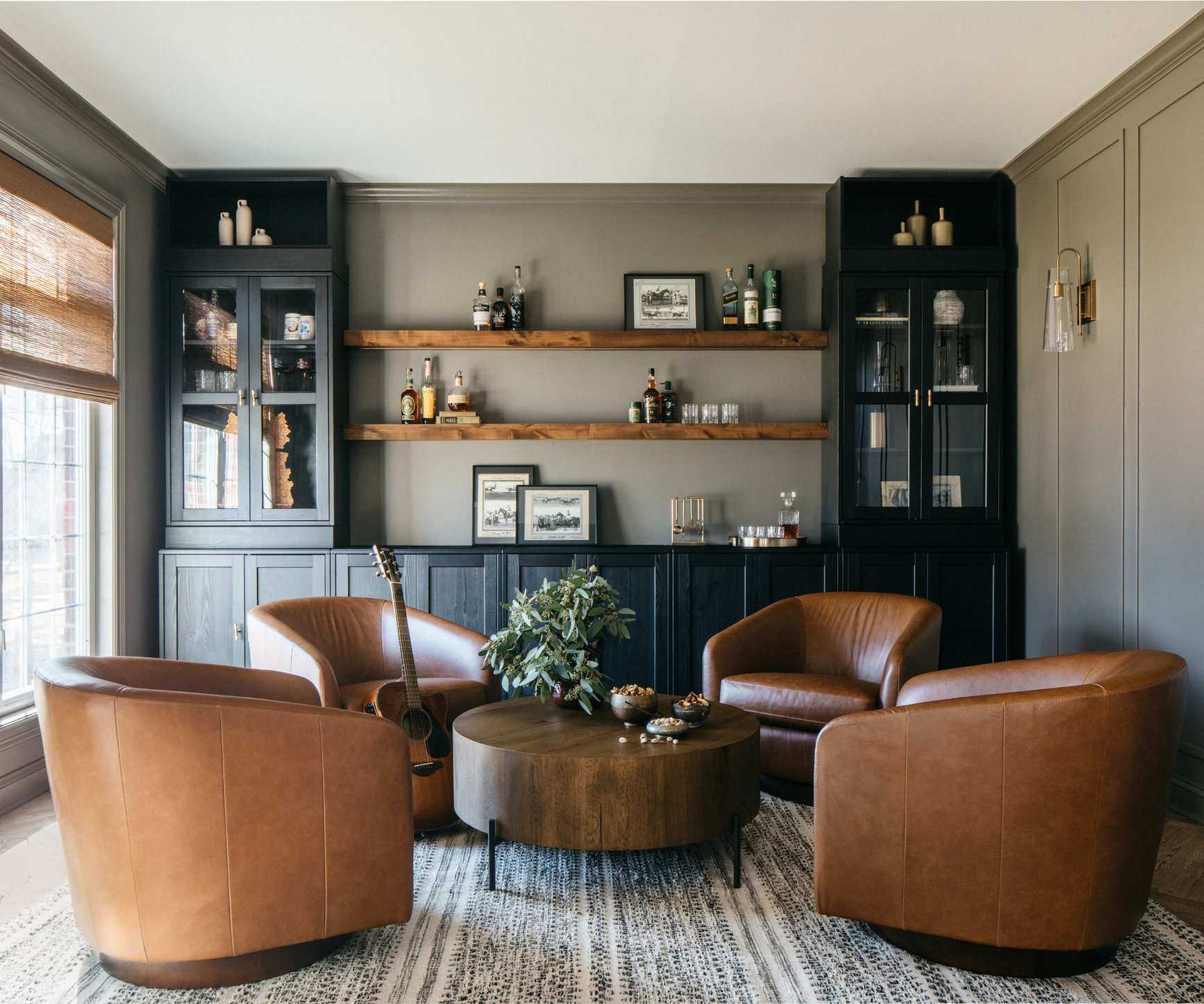 living room design painted in Sherwin-Williams Settlement with leather chairs