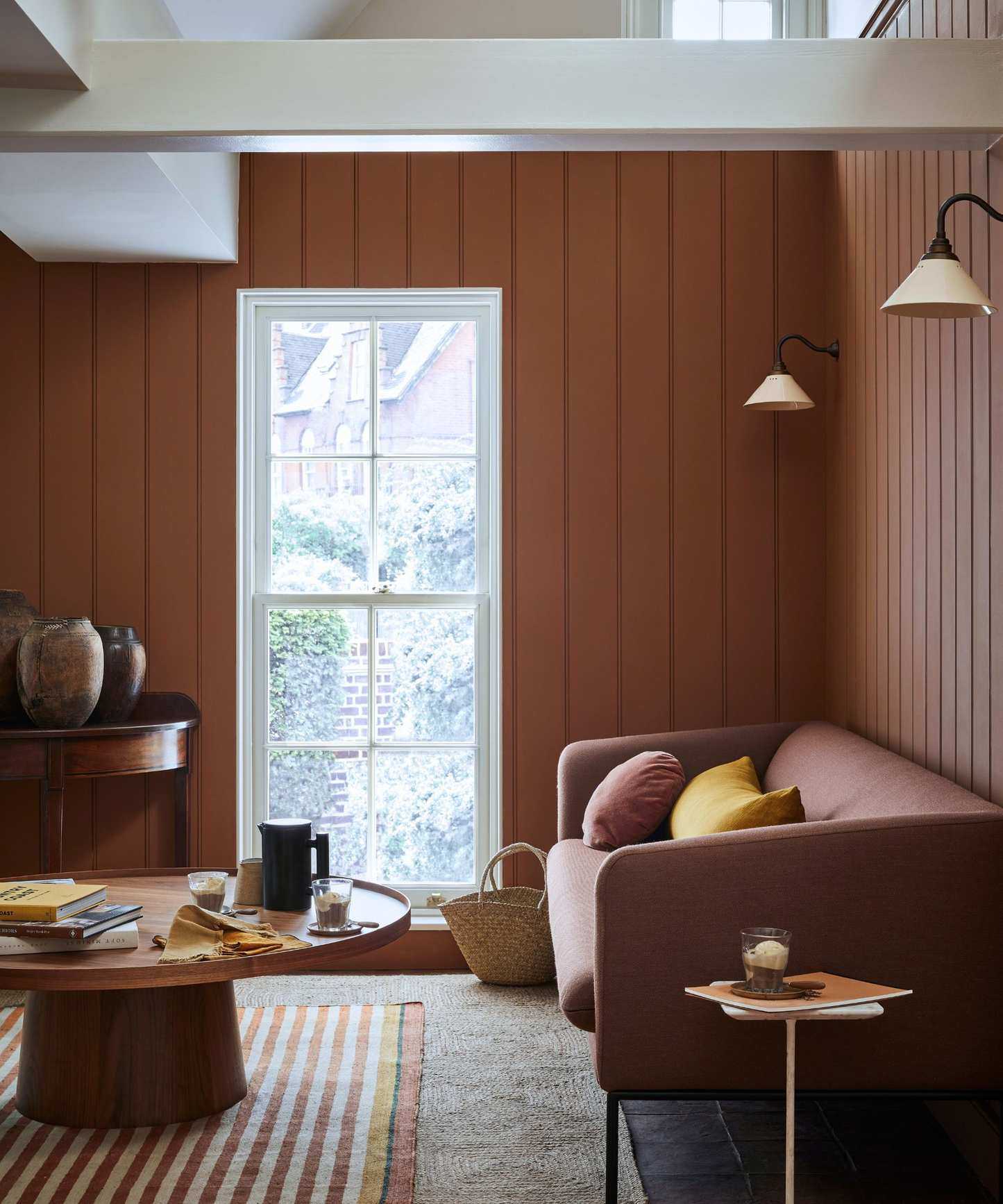 Living room in Little Greene's Affogato warm caramel brown