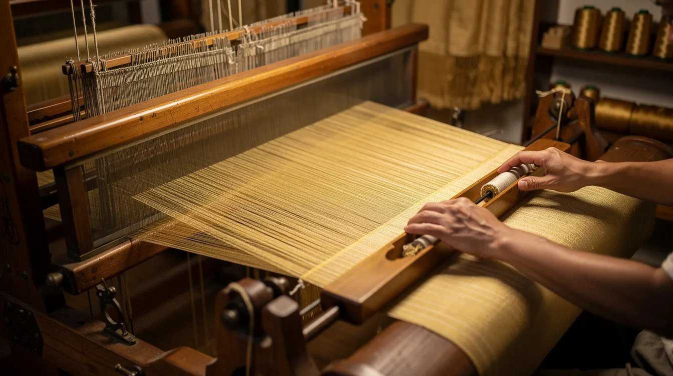The image depicts a traditional handloom weaving process, showcasing golden-toned natural silk threads being expertly manipulated on a wooden loom, highlighting the intricate craftsmanship involved in silk production. This scene reflects the rich heritage of silk textiles, particularly the use of mulberry silk, known for its lustrous appearance and soft texture.