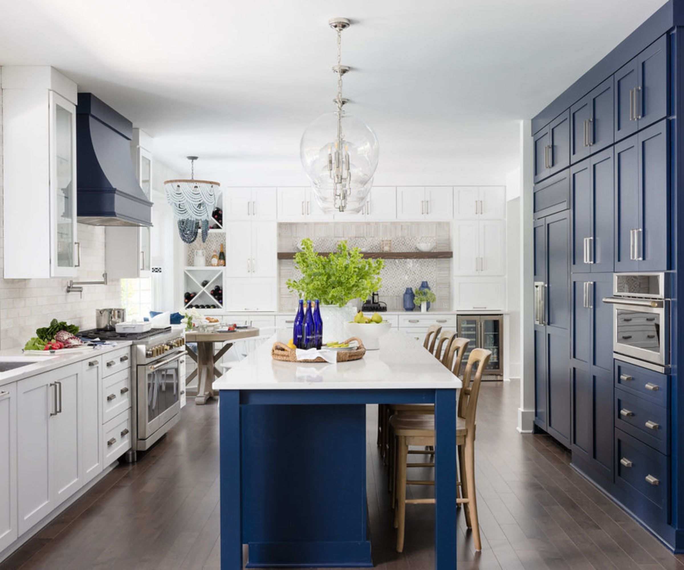 White and blue kitchen with contrasting cabinets