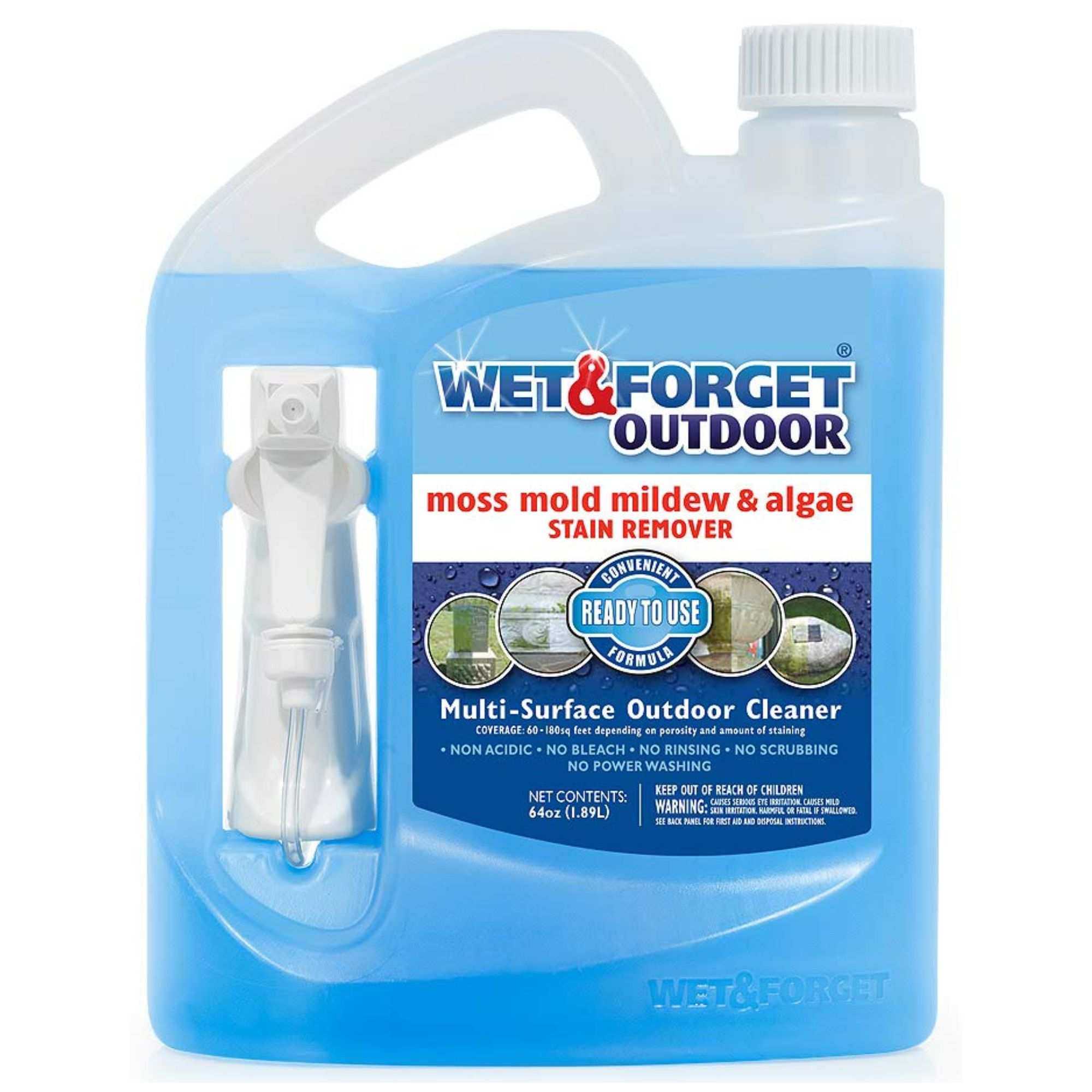 Blue Wet &amp; Forget outdoor liquid in a clear plastic bottle