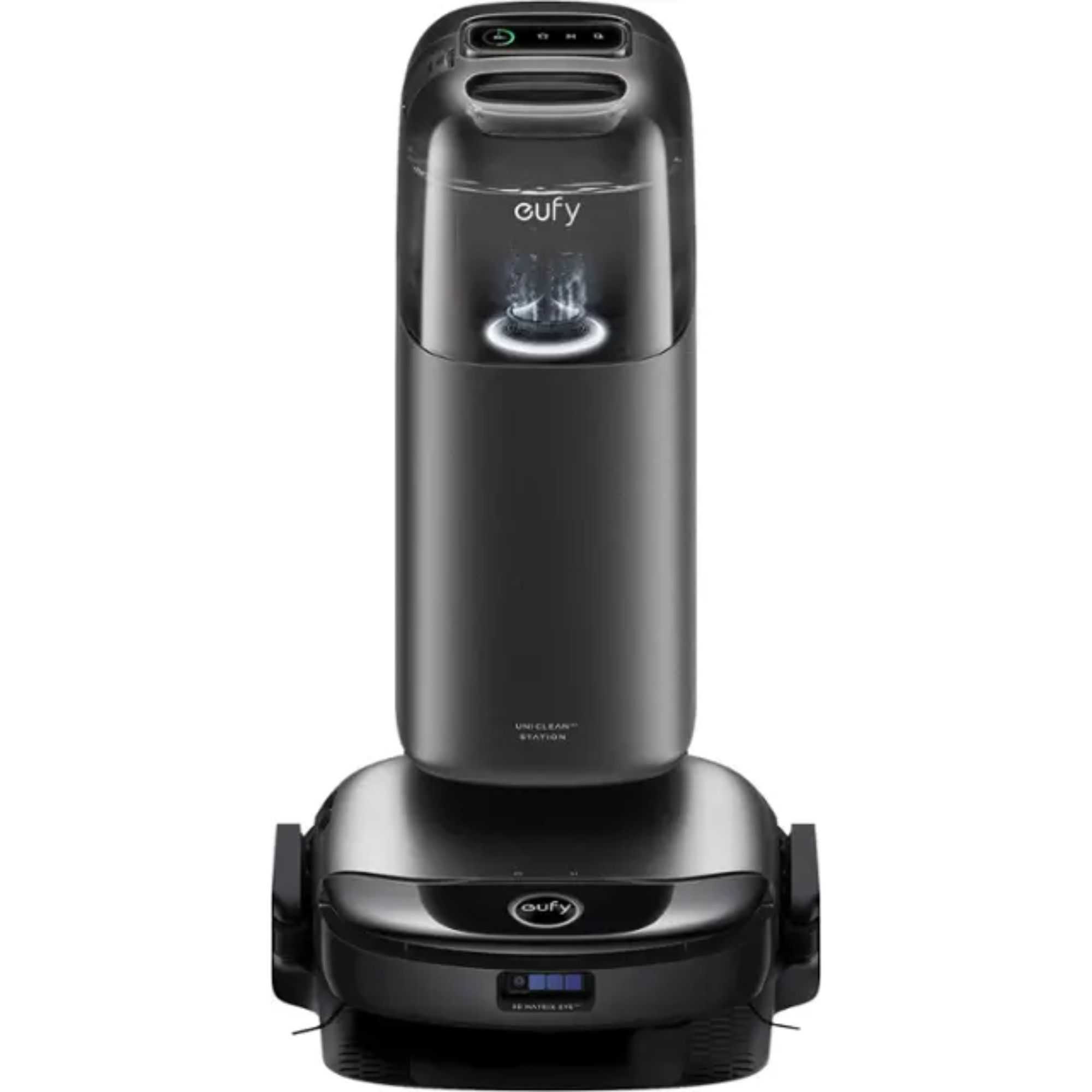 A black robot vacuum cleaner with a tall docking stand