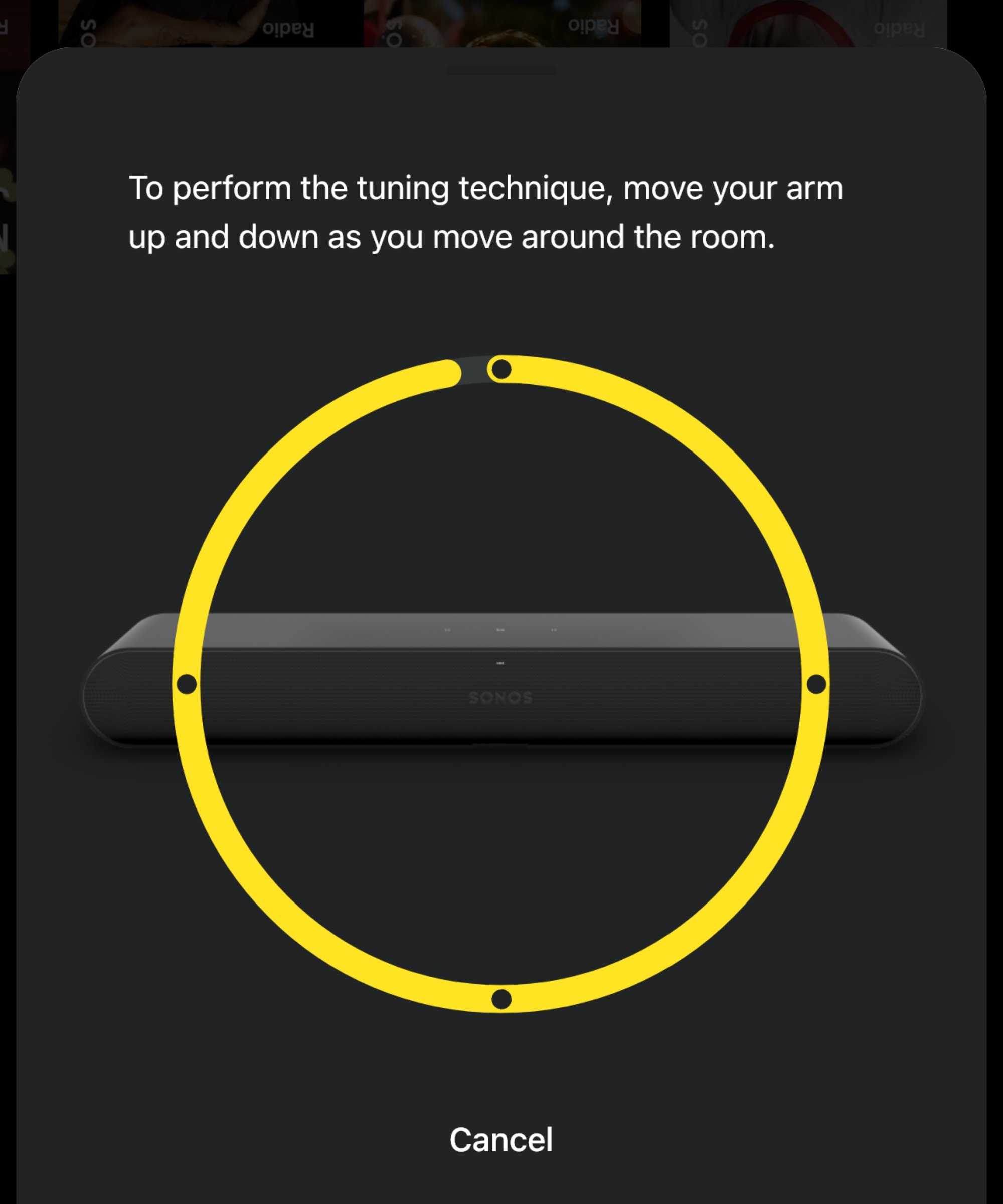 Screenshot of the Sonos app setting up Trueplay for the Sonos Ray soundbar, showing instructions involving moving arm up and down while moving around the room.