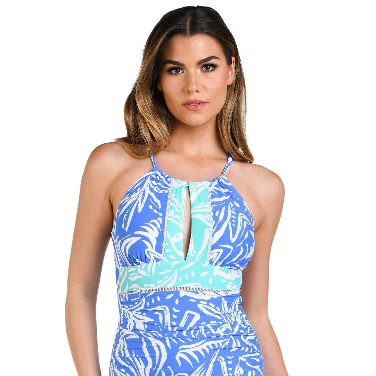 Woman in a blue high-neck swimsuit