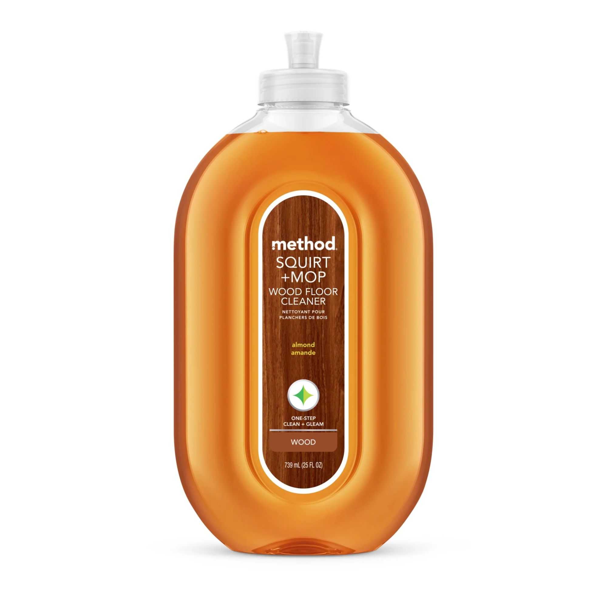 A clear bottle of Method wood cleaner with a brown label