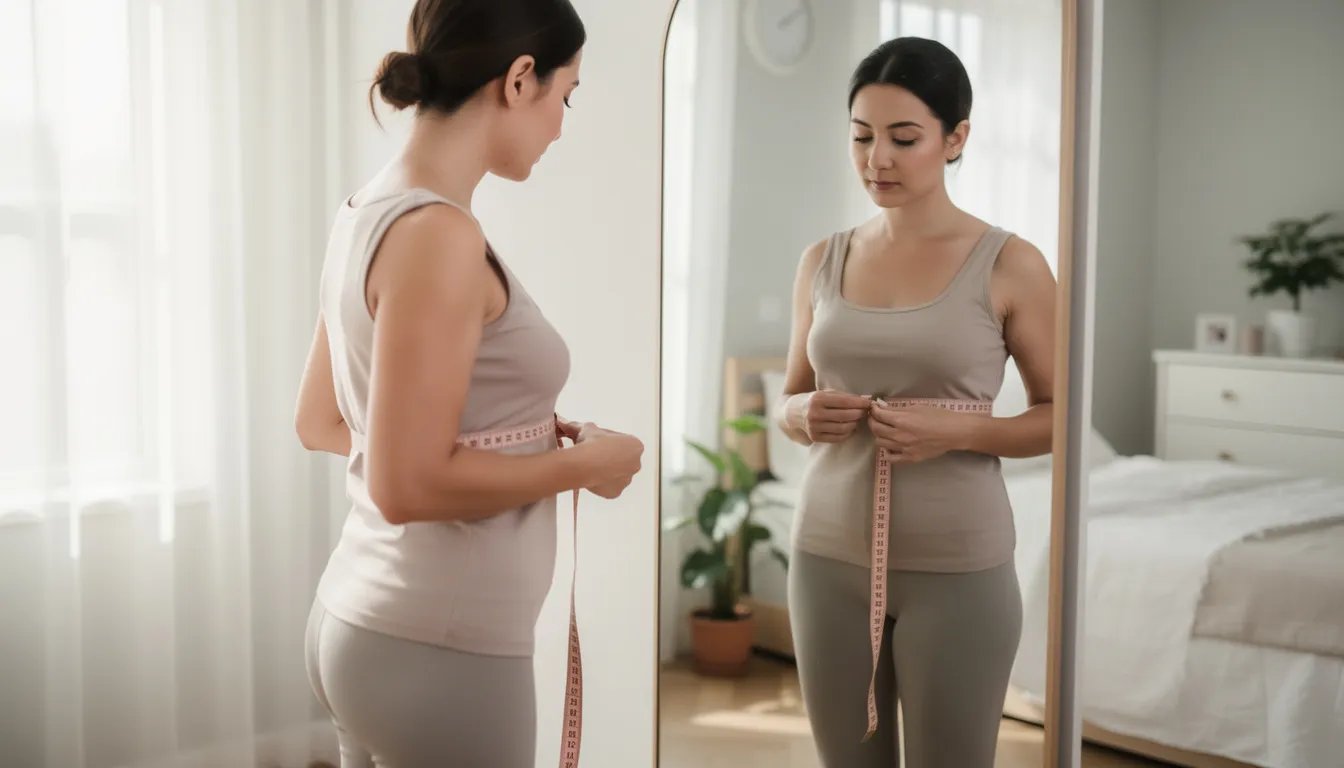 A woman stands in front of a mirror, using a tape measure to take her bust and underbust measurements around her torso, likely to determine her true cup size and band size for bra shopping. She appears focused on achieving a comfortable fit, ensuring she selects the right bra size that offers proper support and coverage.