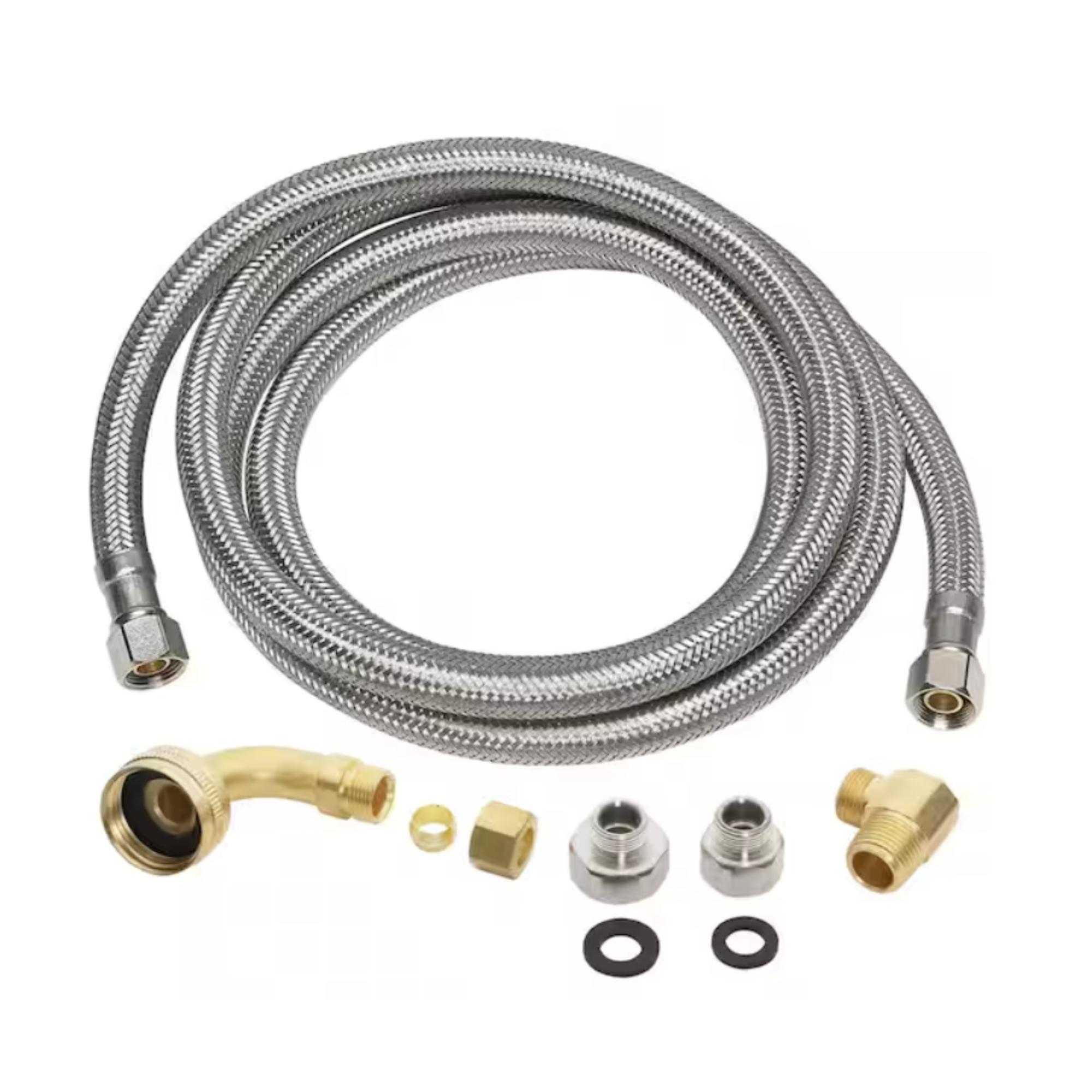 Everbilt stainless steel dishwasher connector and parts against white background.