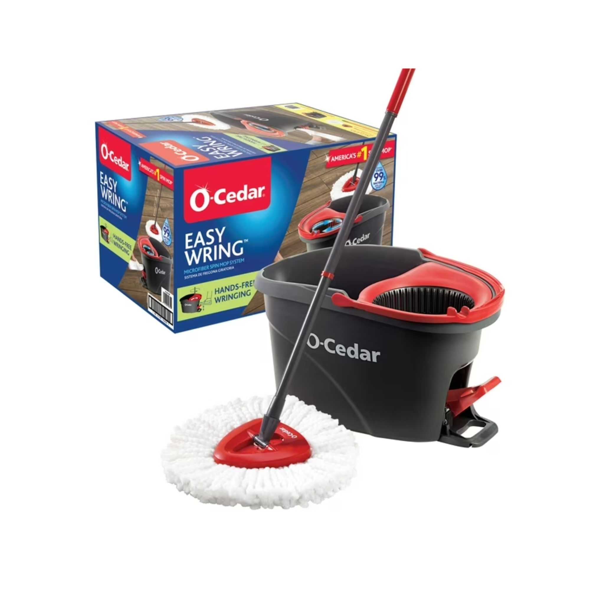 An O-Cedar mop with a white head and gray handle, next to a black and red mop bucket, with its packaging box behind it