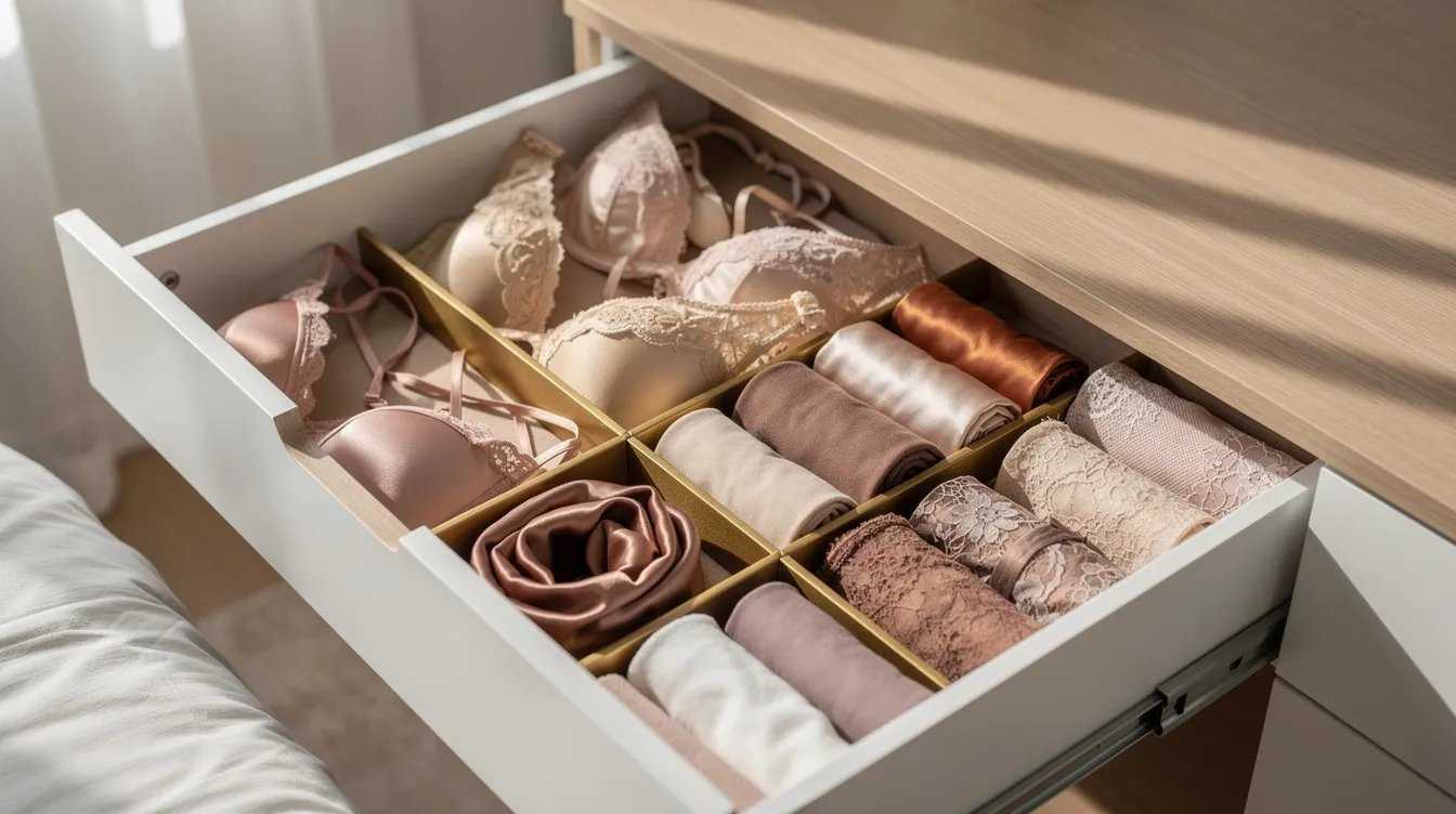 The image features an elegantly organized lingerie drawer filled with an array of neutral-toned intimate apparel, including comfortable bras, lace bralettes, and stylish panties, all showcasing a perfect fit and extensive size range. The luxurious fabrics and thoughtful arrangement highlight the quality and variety of women's lingerie available from Wacoal, reminding women of the importance of finding the perfect bra for all-day support.