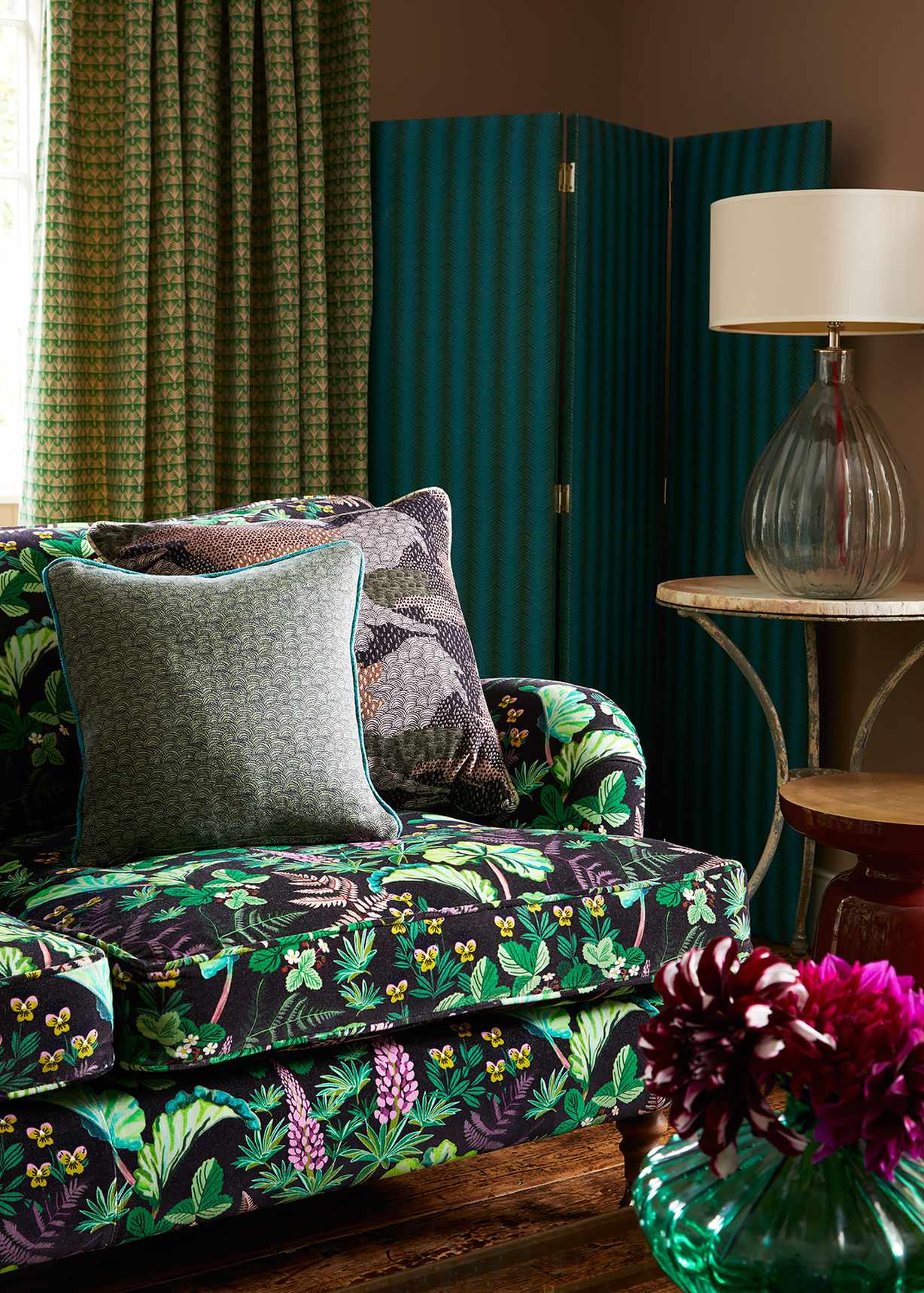Sofa covered in Parker &amp; Jules Strawberry field Autumn Conker velvet fabric