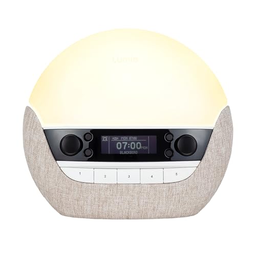 Lumie Bodyclock Luxe 700fm SAD lamp and alarm clock against white background.
