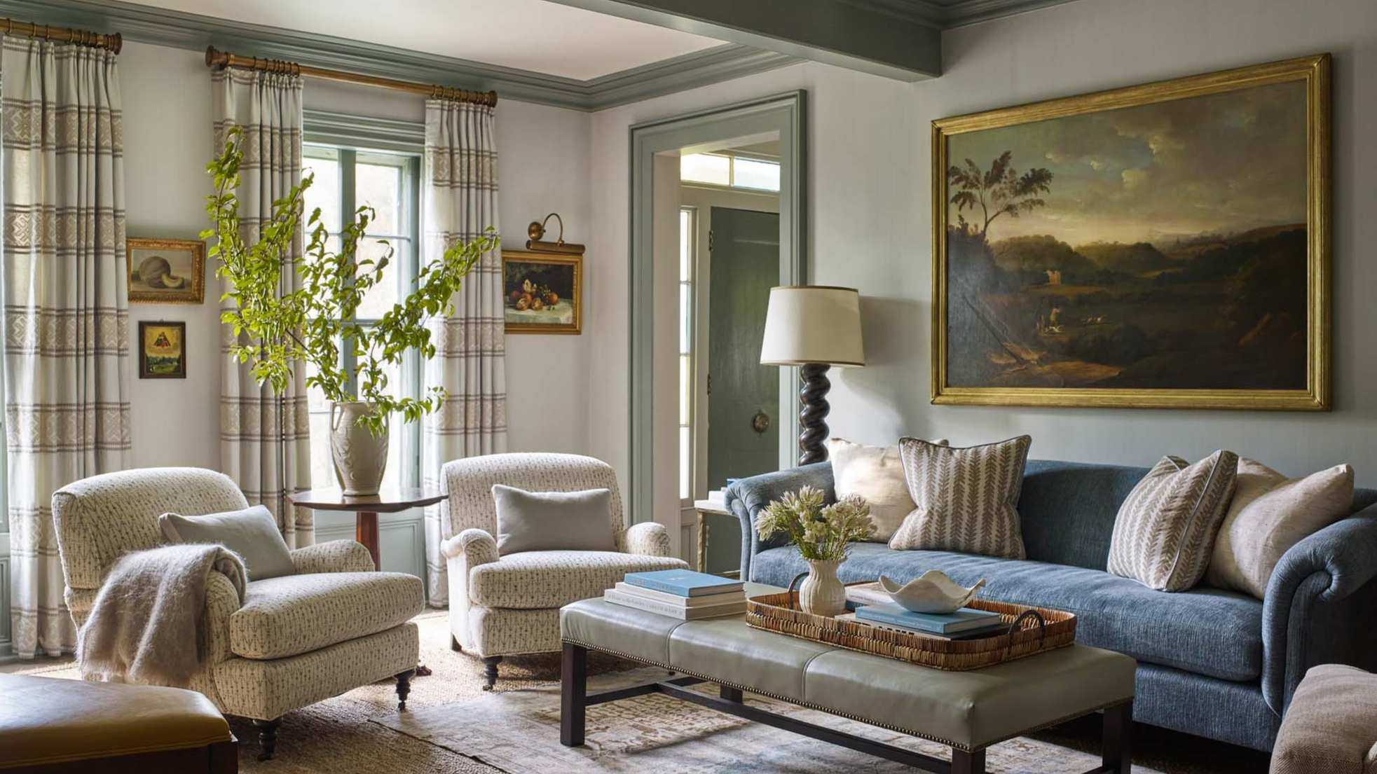 Traditional living room in soft tonal blue-green color scheme