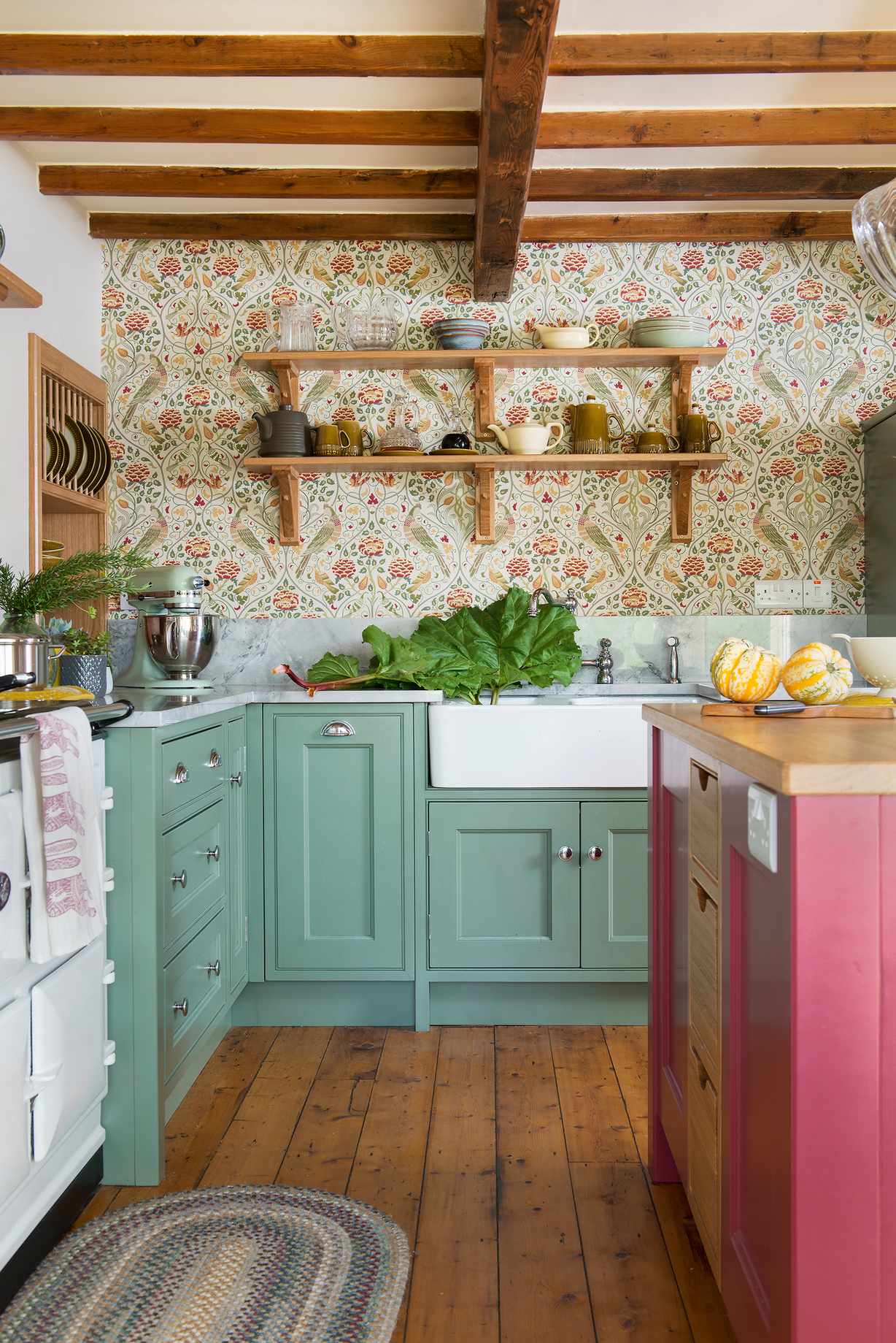 Green country kitchen with Morris &amp; Co Seasons by May wallpaper