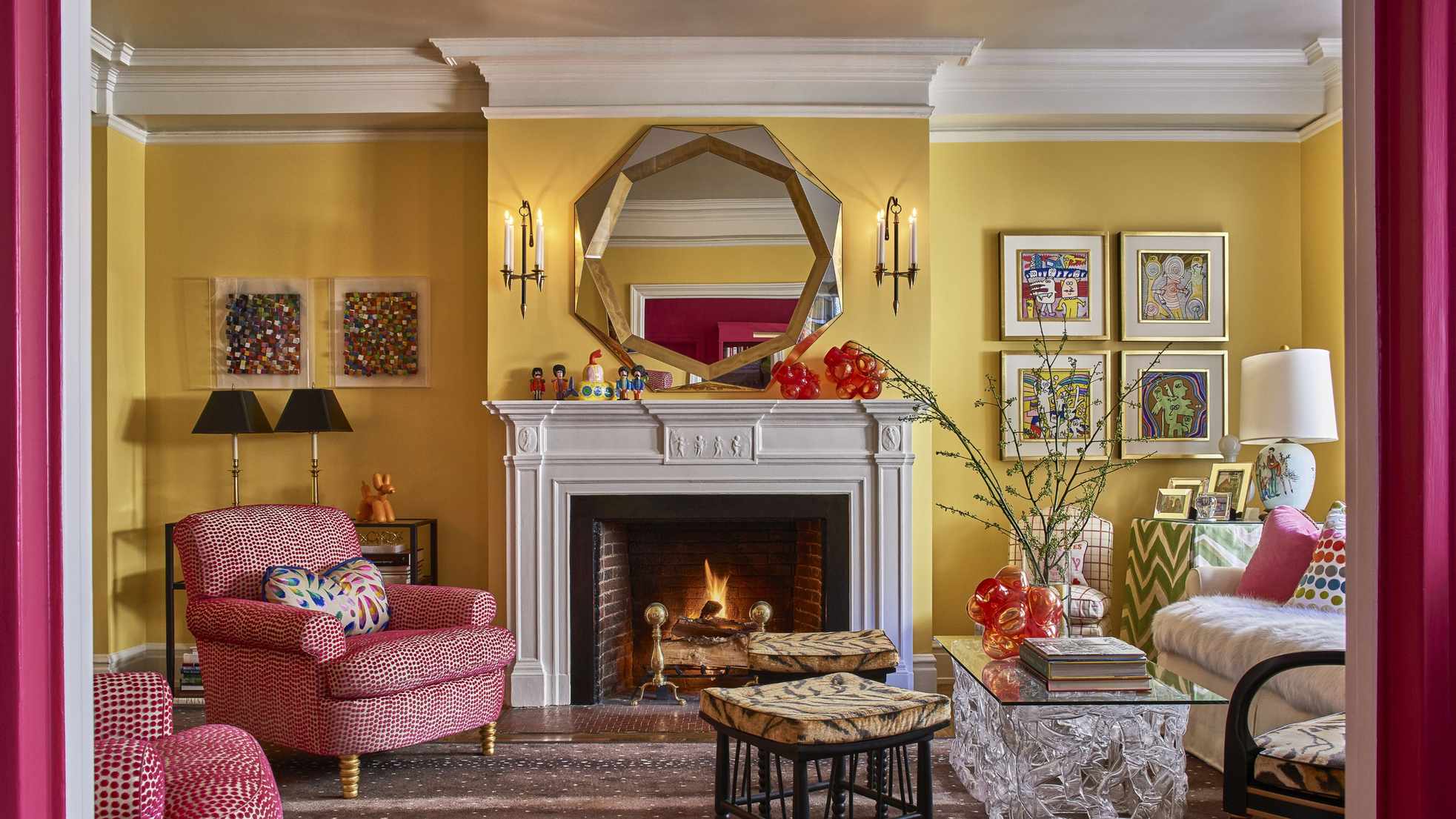 Yellow living room with hot pink accents