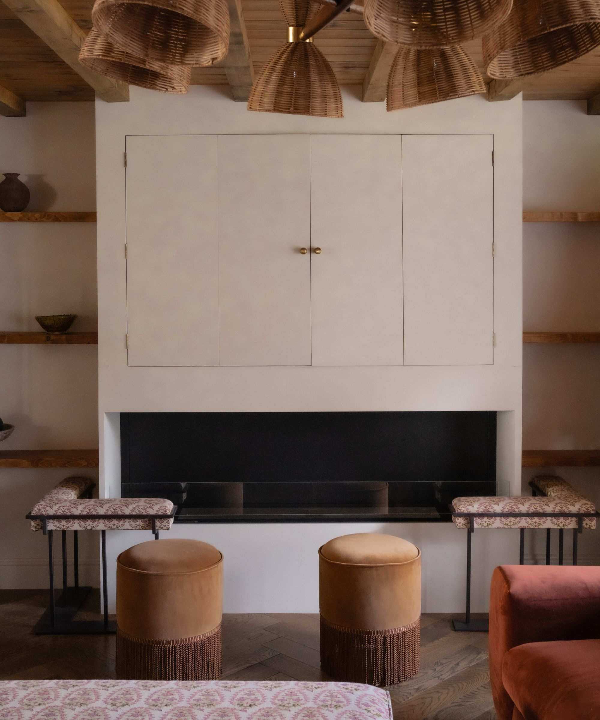 alice grace interior design living room with hidden tv and muted color scheme