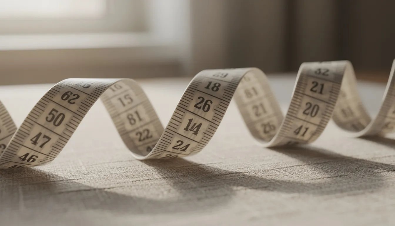 A close-up image shows a soft measuring tape draped over neutral fabric, emphasizing its role in determining accurate measurements for bra sizes, such as band and cup sizes, to ensure a comfortable fit. The tape measure highlights the importance of proper bust measurement for achieving the perfect fit in bras.