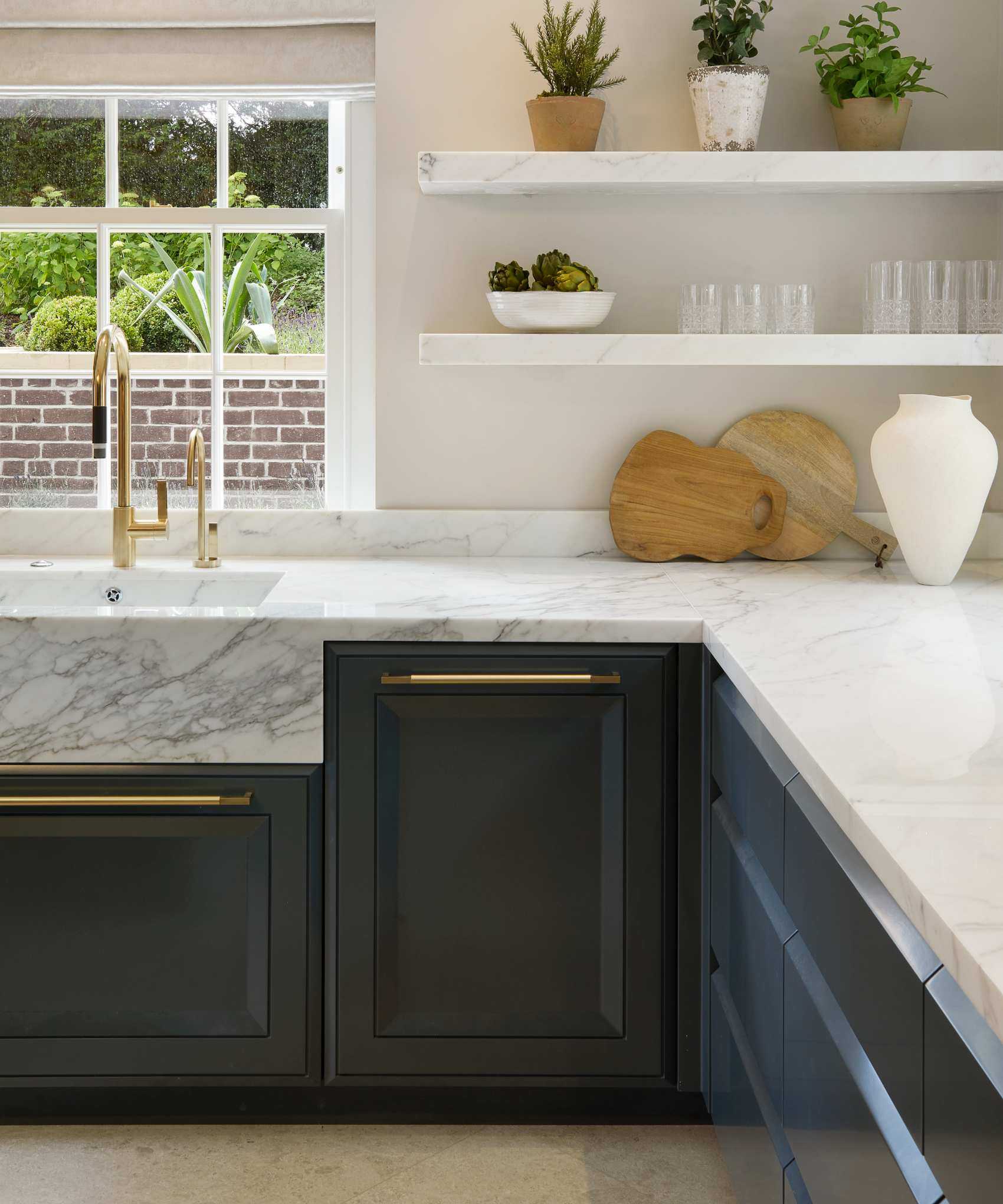 ways with Down Pipe, kitchen painted in Farrow &amp; Balls Down Pipe, marble countertops, open shelving