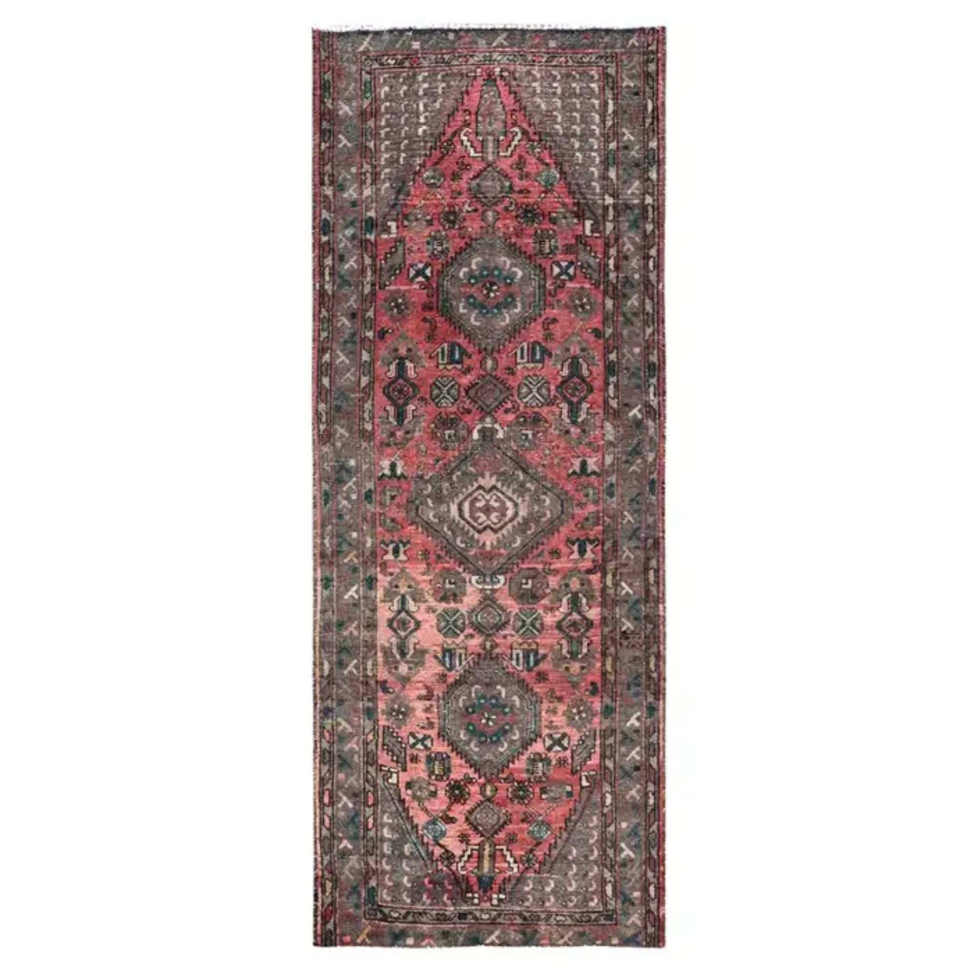 3'7"x8'6" Blush Red Vintage Persian Shiraz Hand Knotted Pure Wool Runner Rug