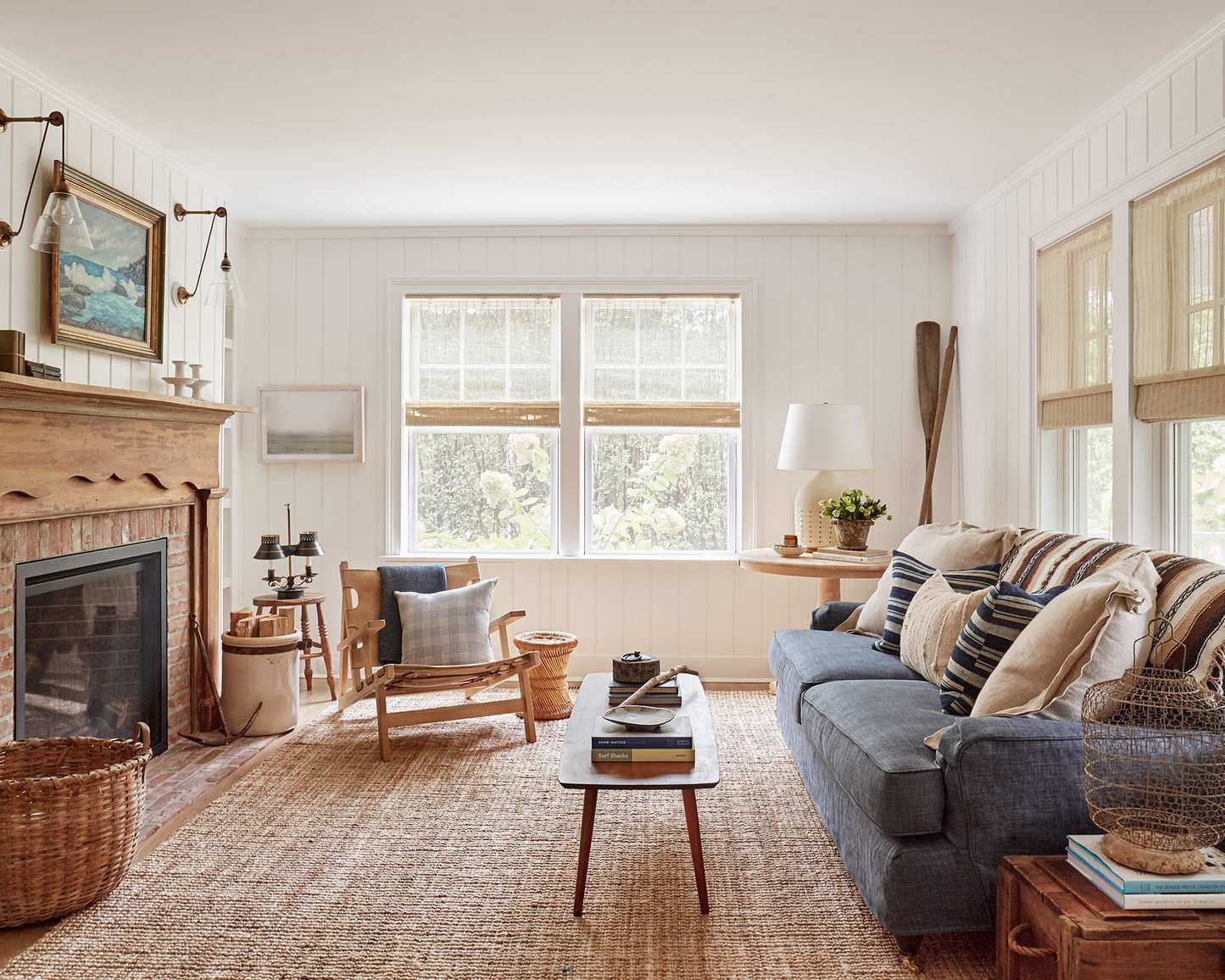 Long living room with neutral color palette