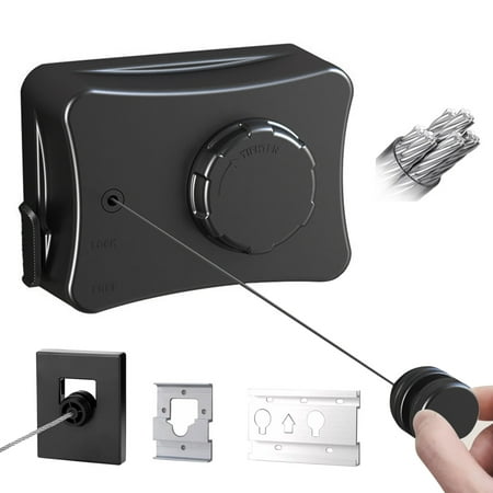 A black box with a retractable washing line inside being extended by someone's hand.