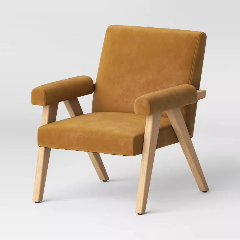 Textured Woven Upholstered Arm Accent Chair Light Brown Velvet - Threshold&trade;: Rubberwood Frame, Polyester Fabric