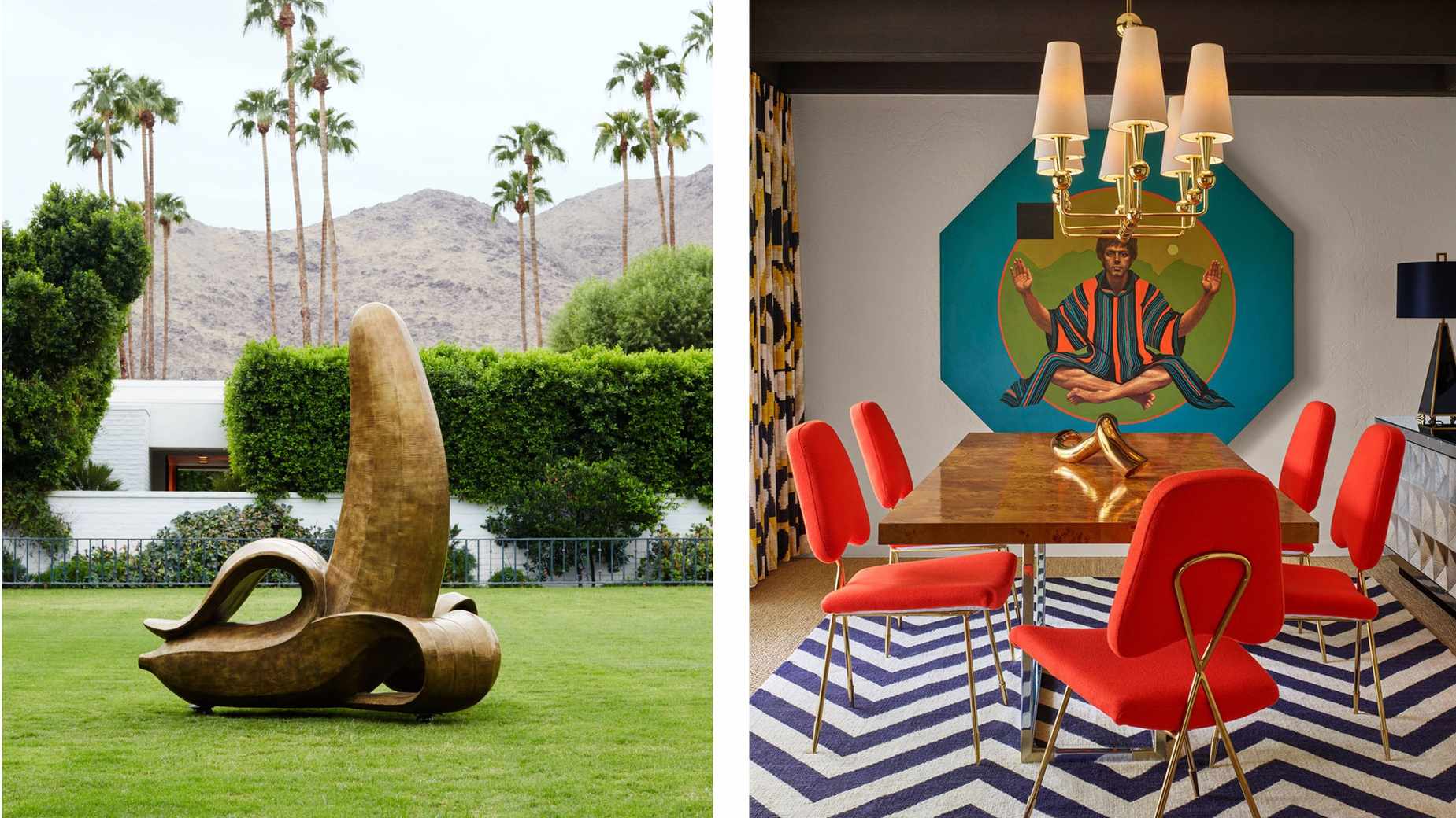 two pictures next to each other. On the left, the big gold banana at parker palm springs. On the right, orange dining chairs on a striped blue rug