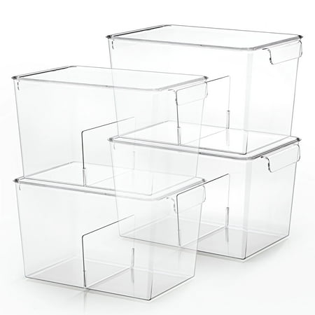 Four clear plastic deep storage bins with lids