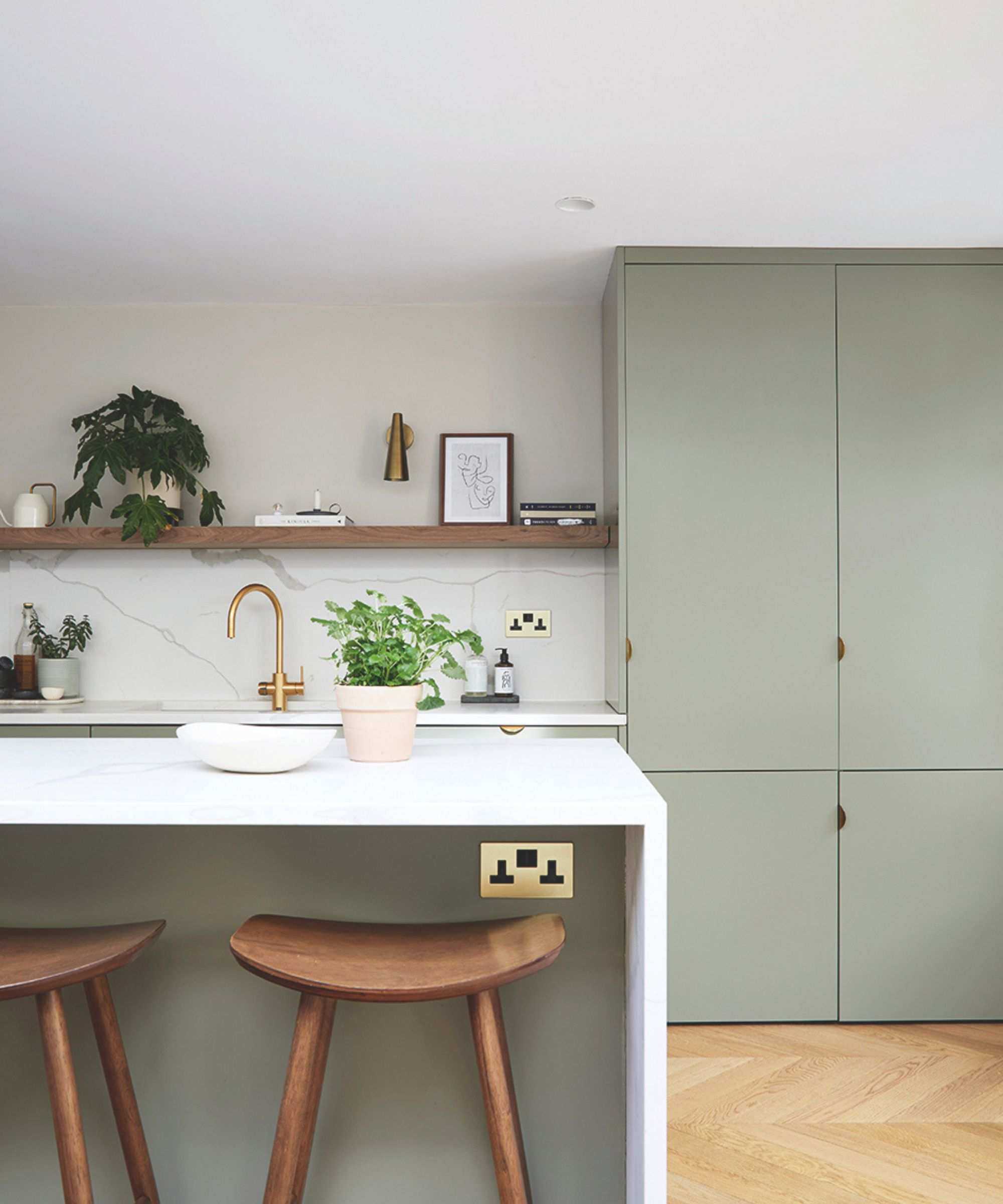 Sage green kitchen with white countertops and open shelving with plants and minimal decor such as framed prints and books.