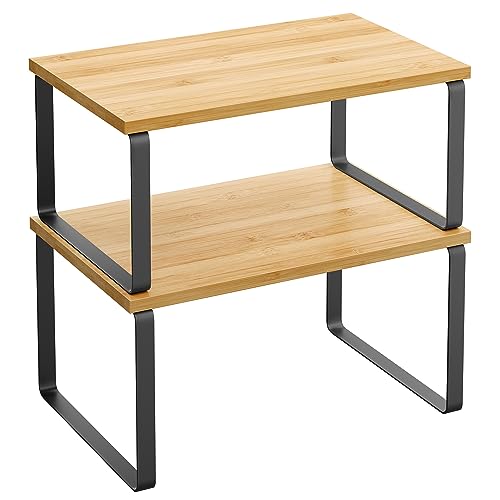 Songmics Cabinet Organizer Shelf, Set of 2 Kitchen Counter Shelves, Kitchen Storage, Spice Rack, Stackable, Expandable, Metal and Engineered Wood, Ink Black and Natural Beige Ukcs02nb