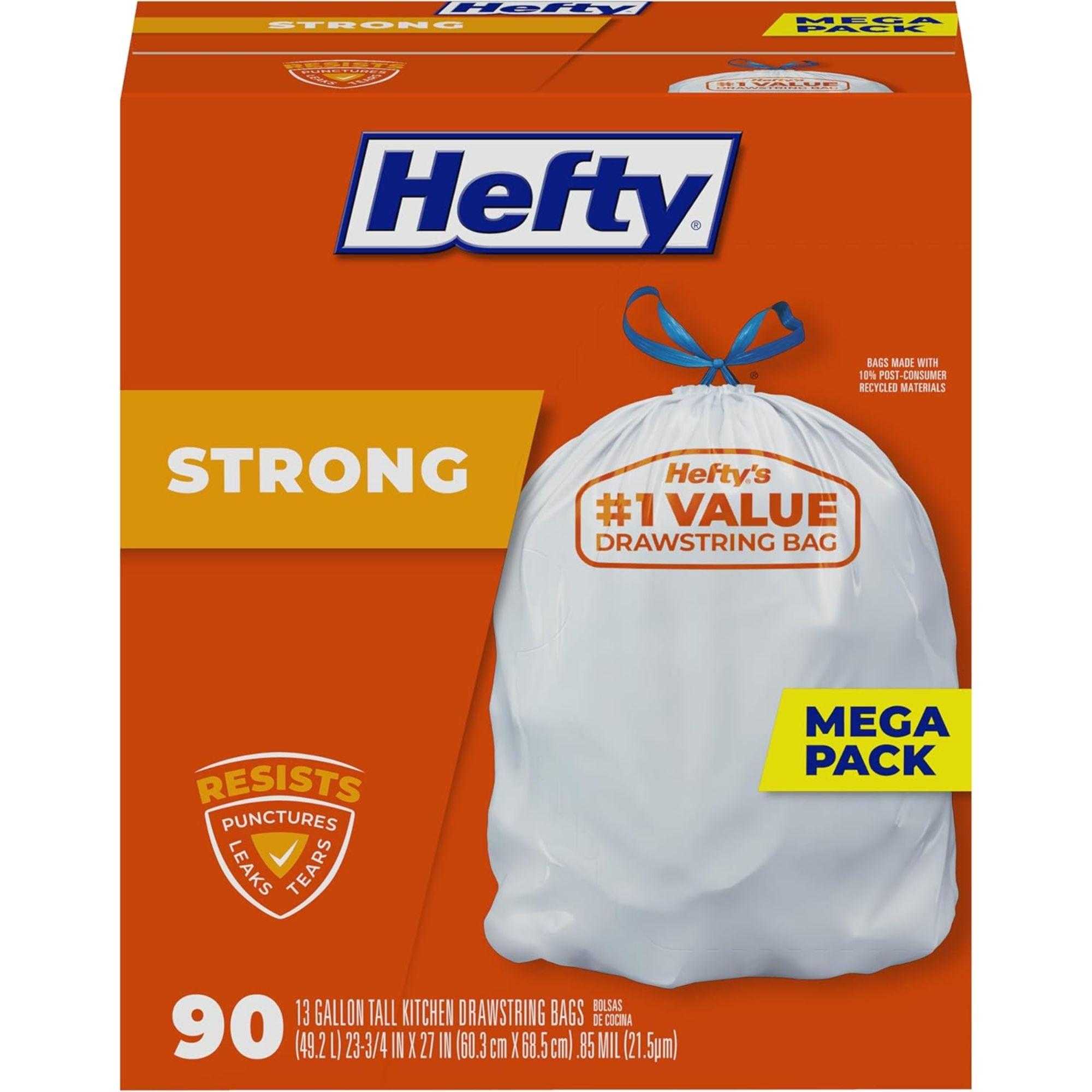 A red cardboard packet of Hefty trash bags