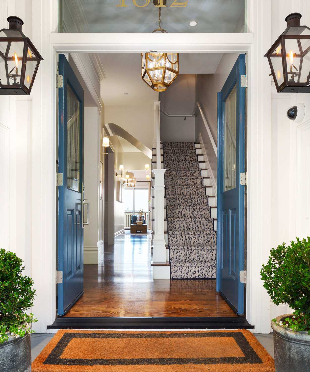 spring porch with symmetrical topiary