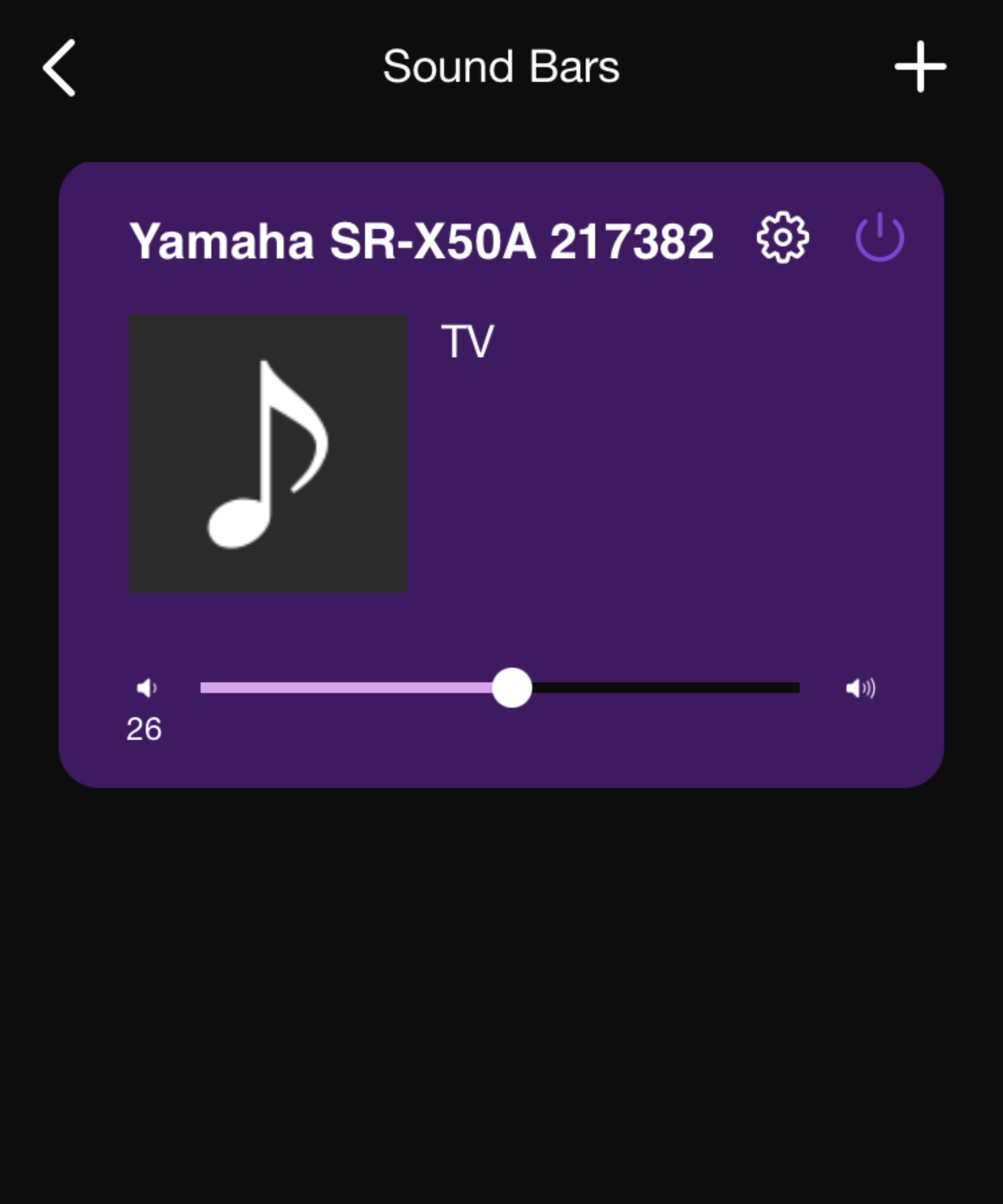 Screenshot of Yamaha Sound Bar app's main screen, showing that the True X Bar 50A / True X Bar 40A is playing from the TV.