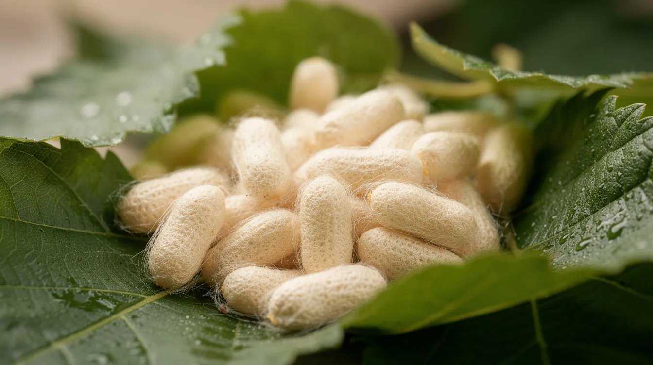 A close-up photograph showcases cream-colored silkworm cocoons delicately nestled among vibrant fresh green mulberry leaves, highlighting the natural fibers essential for silk production. This image reflects the intricate connection between mulberry trees and the silk industry, emphasizing the raw silk harvested from these cocoons.