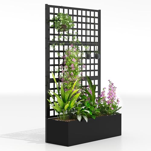 Outsunny Galvanized Raised Garden Bed With Trellis, Metal Planter Box With Drainage Holes, Outdoor Privacy Screen for Climbing Plants, Vegetable, Vines, 43" X 16" X 70", Black