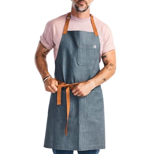 Hedley &amp; Bennett Essential Apron - Heavy-Duty Denim Kitchen Apron With Pockets &amp; Towel Loop - Professional Chef Workwear for Cooking &amp; Grilling - Cedar