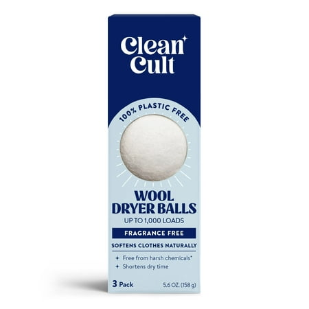 A long rectangular blue cardboard box with a wool dryer ball visible through a cut-out in the center.