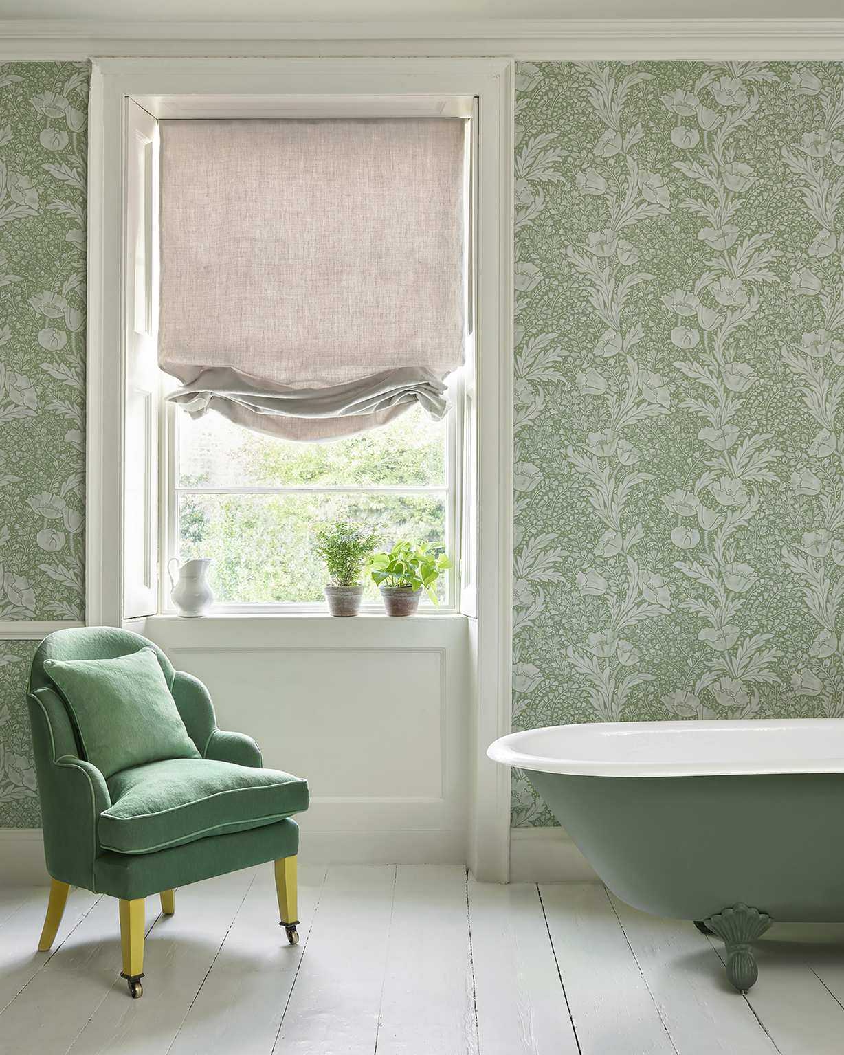 Liberty Fabrics Tudor Poppy in Fern in a bathroom